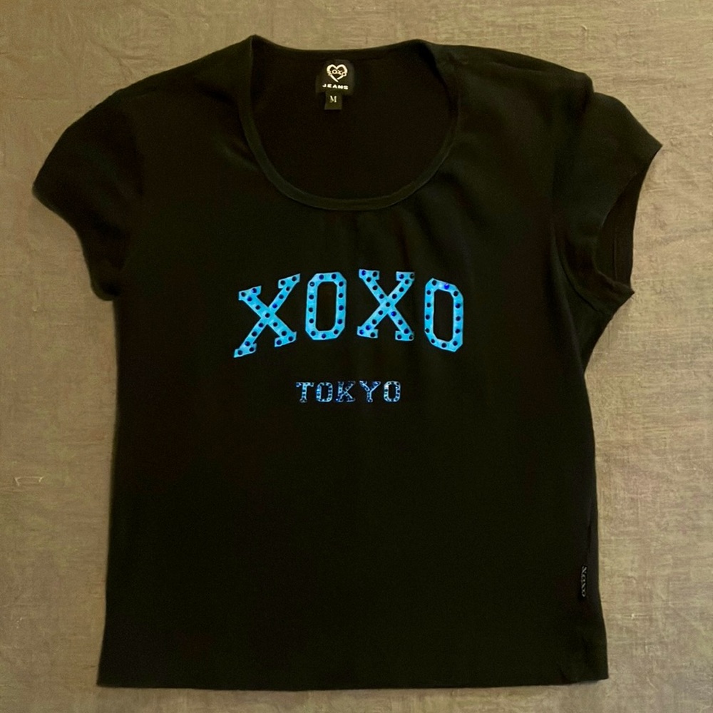 XOXO Tokyo Black Crop Top with Turquoise Rhinestone Lettering Med